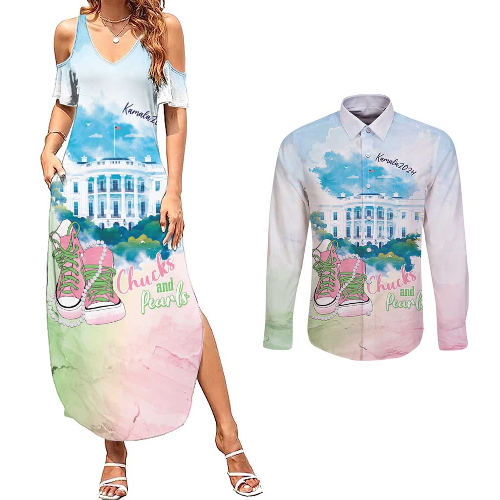 Chucks N Pearls 2024 Couples Matching Summer Maxi Dress and Long Sleeve Button Shirt Pink Green Rocking The World LT7 - Wonder Print Shop