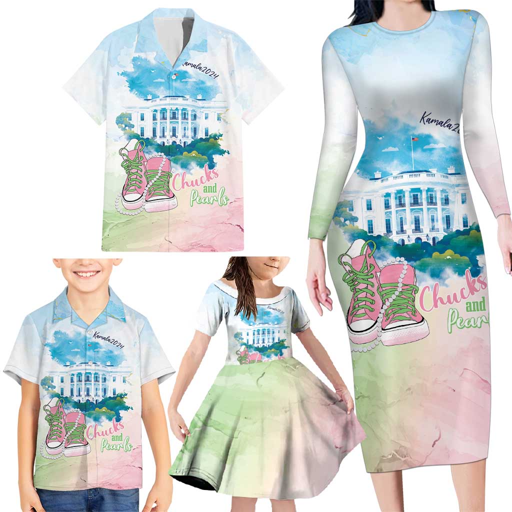 Chucks N Pearls 2024 Family Matching Long Sleeve Bodycon Dress and Hawaiian Shirt Pink Green Rocking The World LT7 - Wonder Print Shop