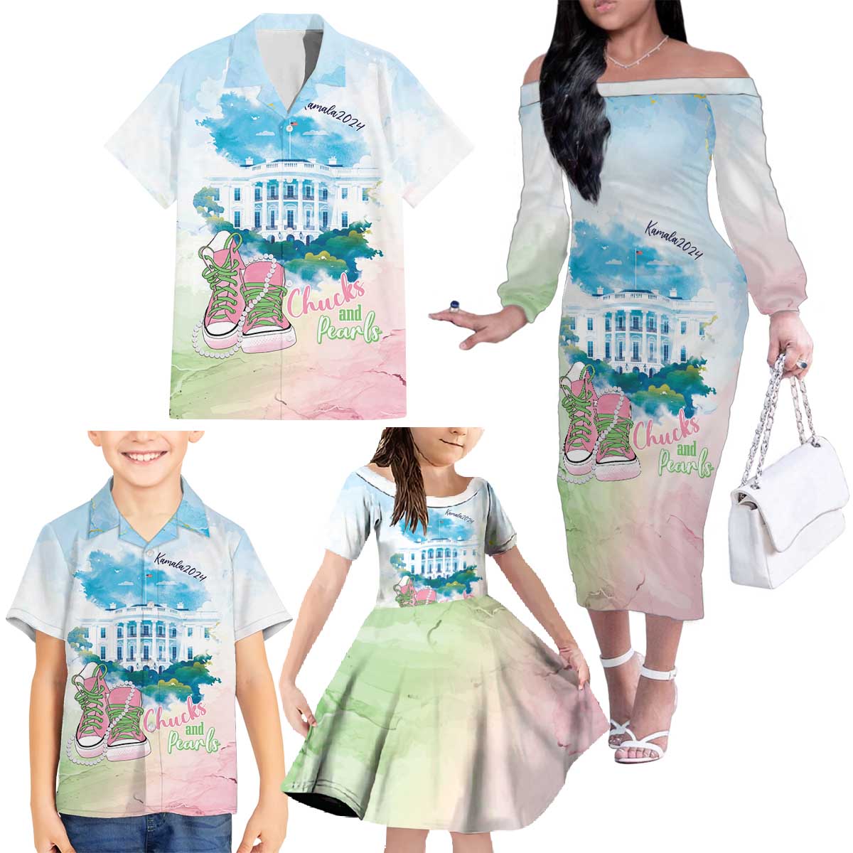 Chucks N Pearls 2024 Family Matching Off The Shoulder Long Sleeve Dress and Hawaiian Shirt Pink Green Rocking The World - Wonder Print Shop
