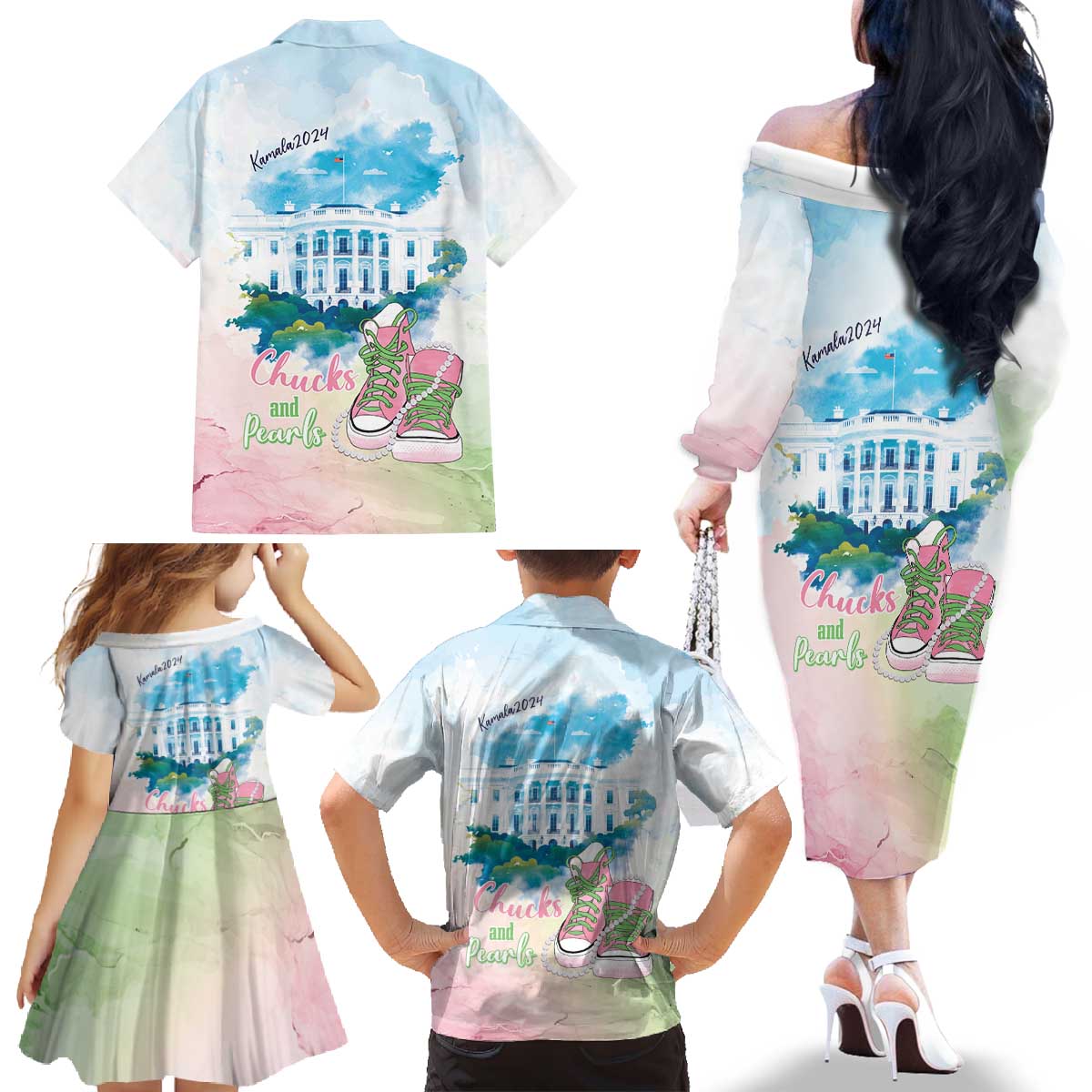 Chucks N Pearls 2024 Family Matching Off The Shoulder Long Sleeve Dress and Hawaiian Shirt Pink Green Rocking The World - Wonder Print Shop