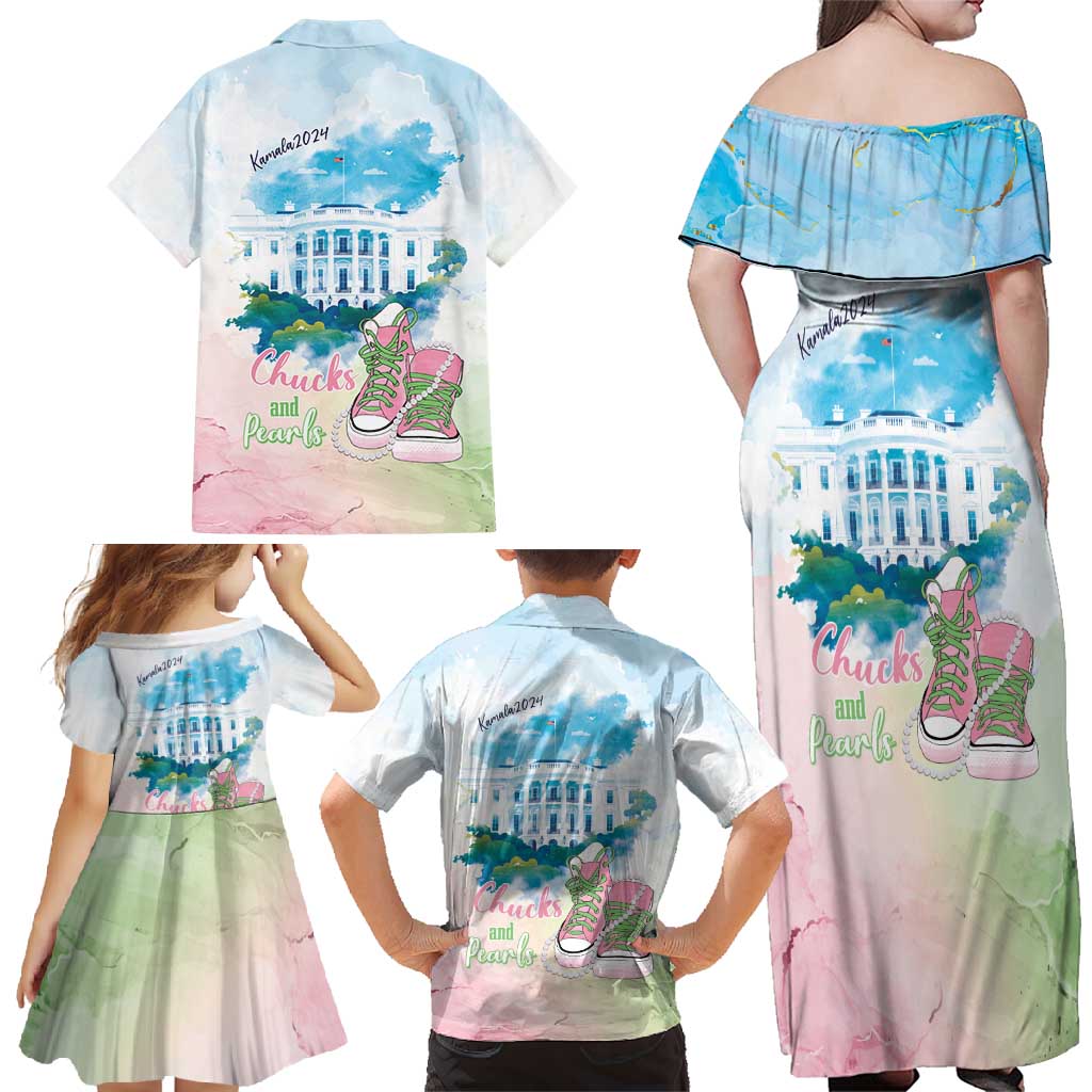 Chucks N Pearls 2024 Family Matching Off Shoulder Maxi Dress and Hawaiian Shirt Pink Green Rocking The World LT7 - Wonder Print Shop