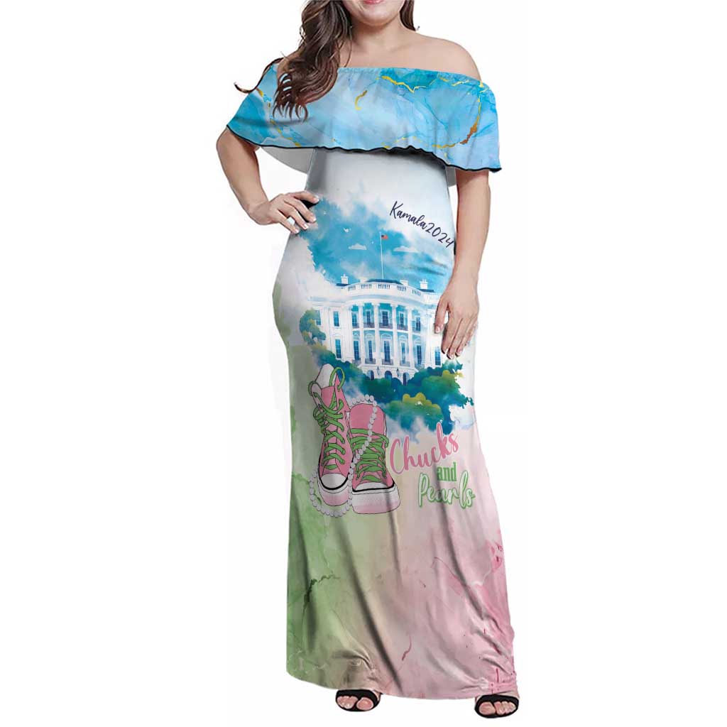 Chucks N Pearls 2024 Family Matching Off Shoulder Maxi Dress and Hawaiian Shirt Pink Green Rocking The World LT7 - Wonder Print Shop