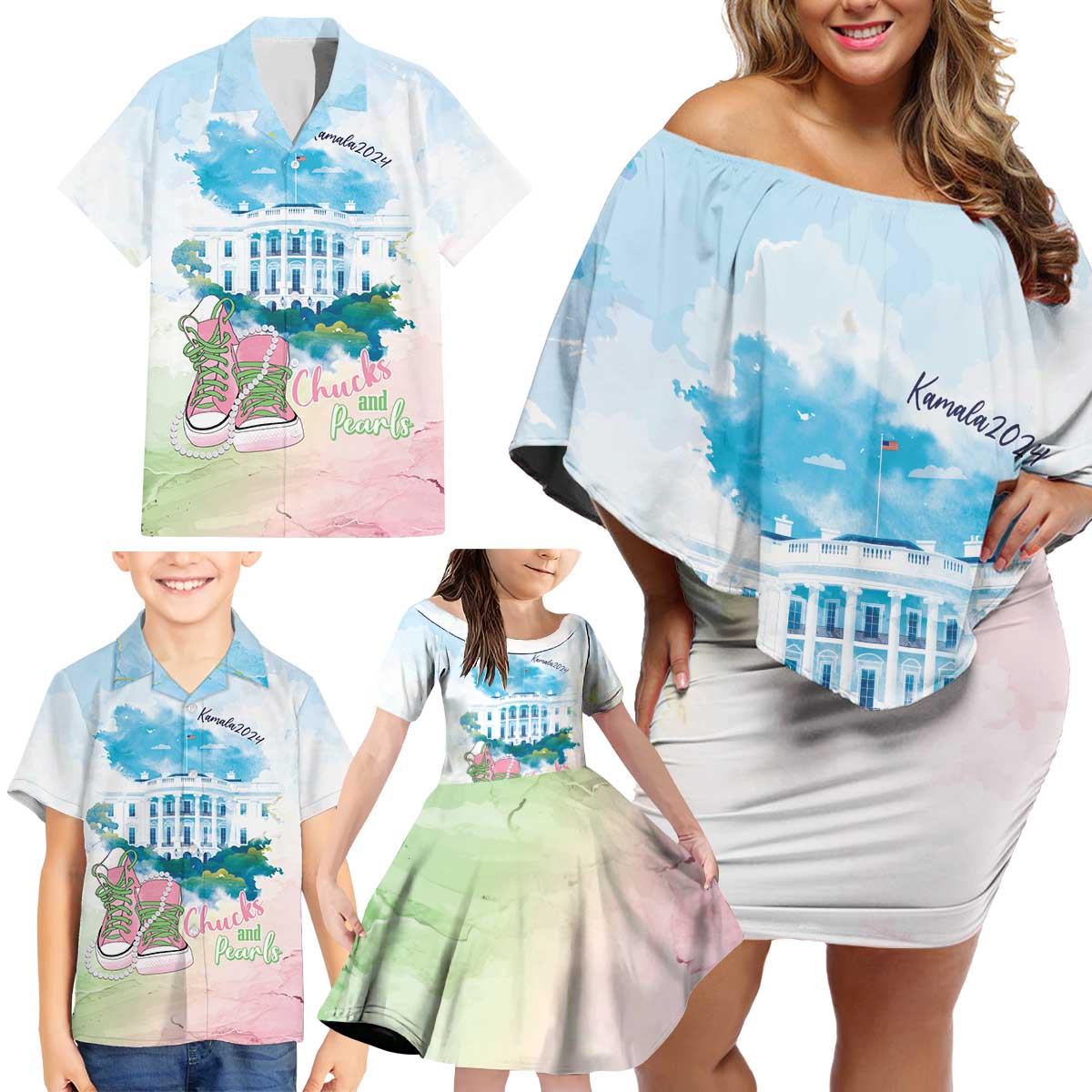 Chucks N Pearls 2024 Family Matching Off Shoulder Short Dress and Hawaiian Shirt Pink Green Rocking The World LT7 - Wonder Print Shop