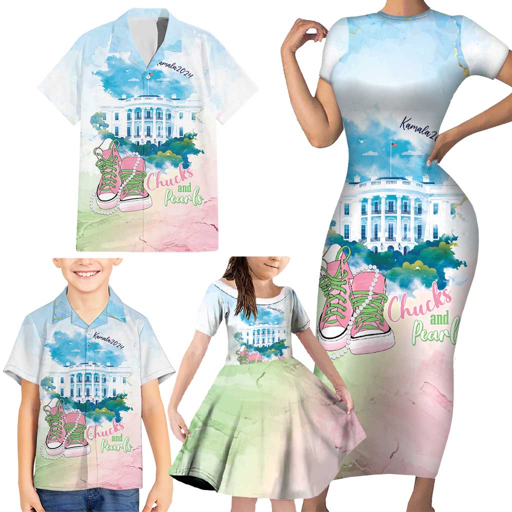 Chucks N Pearls 2024 Family Matching Short Sleeve Bodycon Dress and Hawaiian Shirt Pink Green Rocking The World - Wonder Print Shop