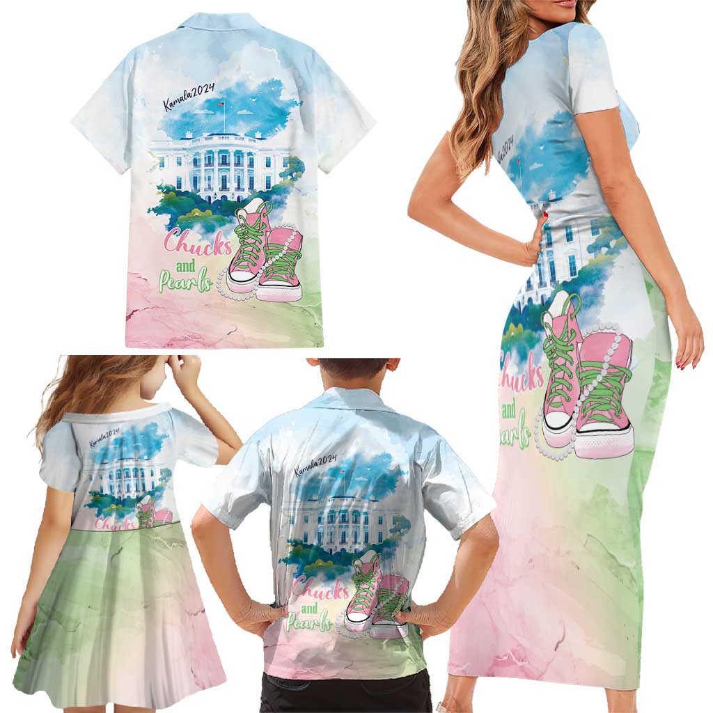 Chucks N Pearls 2024 Family Matching Short Sleeve Bodycon Dress and Hawaiian Shirt Pink Green Rocking The World - Wonder Print Shop