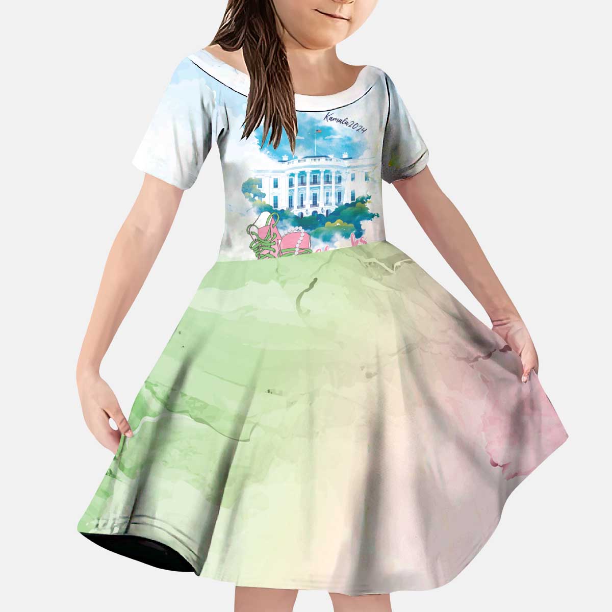 Chucks N Pearls 2024 Kid Short Sleeve Dress Pink Green Rocking The World - Wonder Print Shop