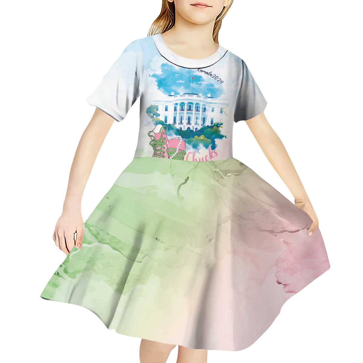 Chucks N Pearls 2024 Kid Short Sleeve Dress Pink Green Rocking The World - Wonder Print Shop