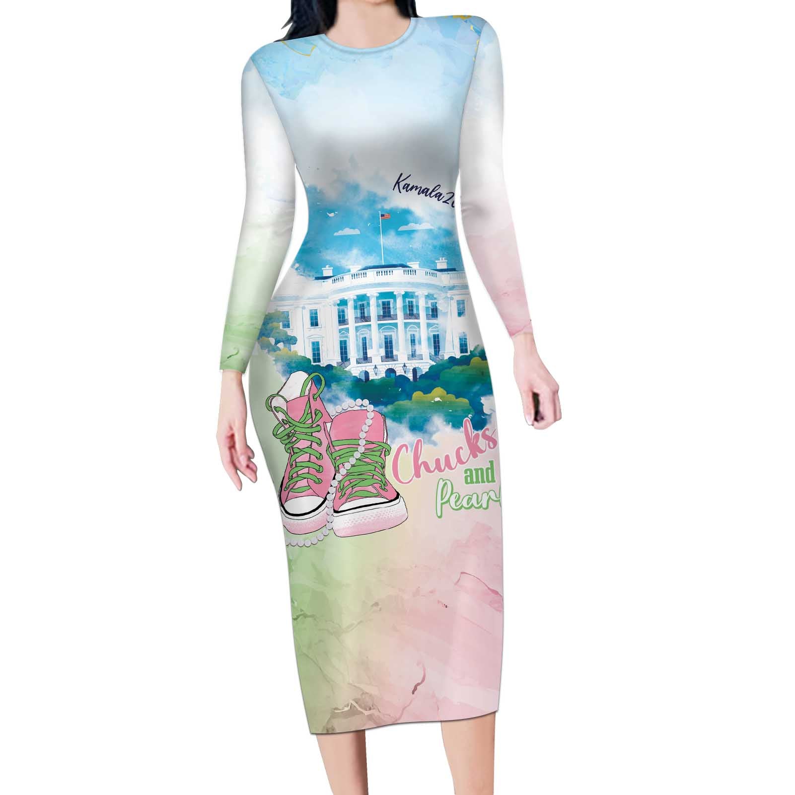 Chucks N Pearls 2024 Long Sleeve Bodycon Dress Pink Green Rocking The World - Wonder Print Shop