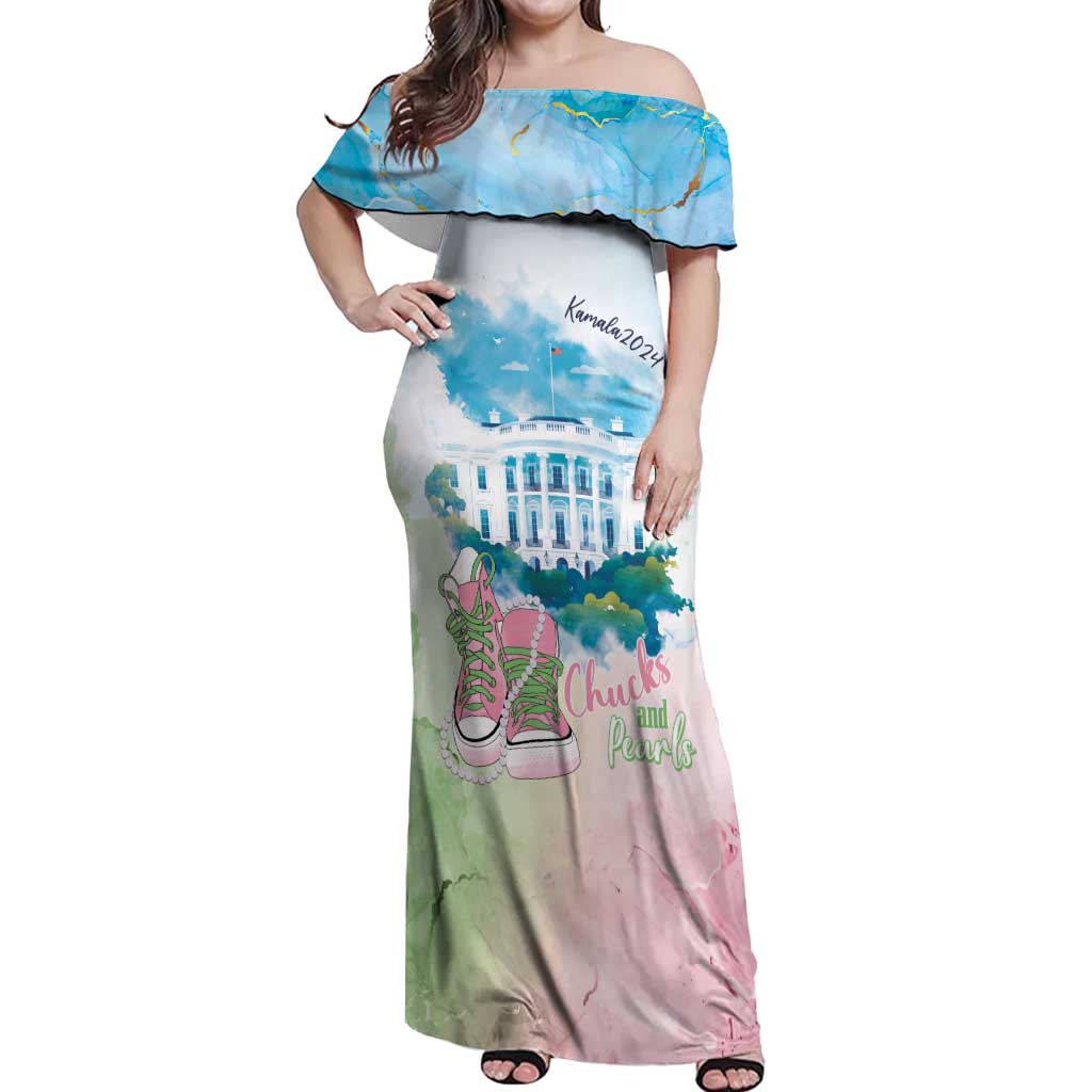 Chucks N Pearls 2024 Off Shoulder Maxi Dress Pink Green Rocking The World - Wonder Print Shop