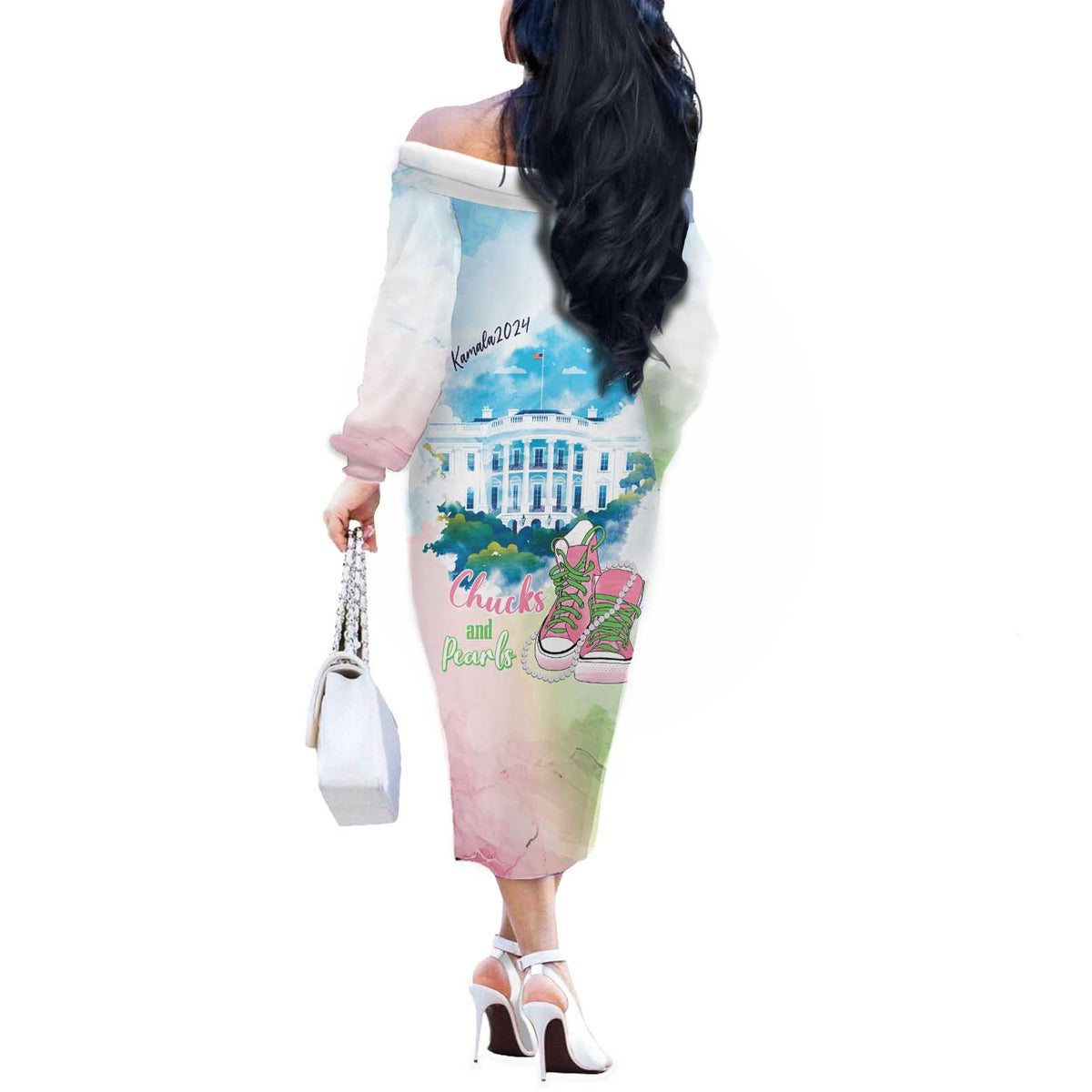 Chucks N Pearls 2024 Off The Shoulder Long Sleeve Dress Pink Green Rocking The World - Wonder Print Shop