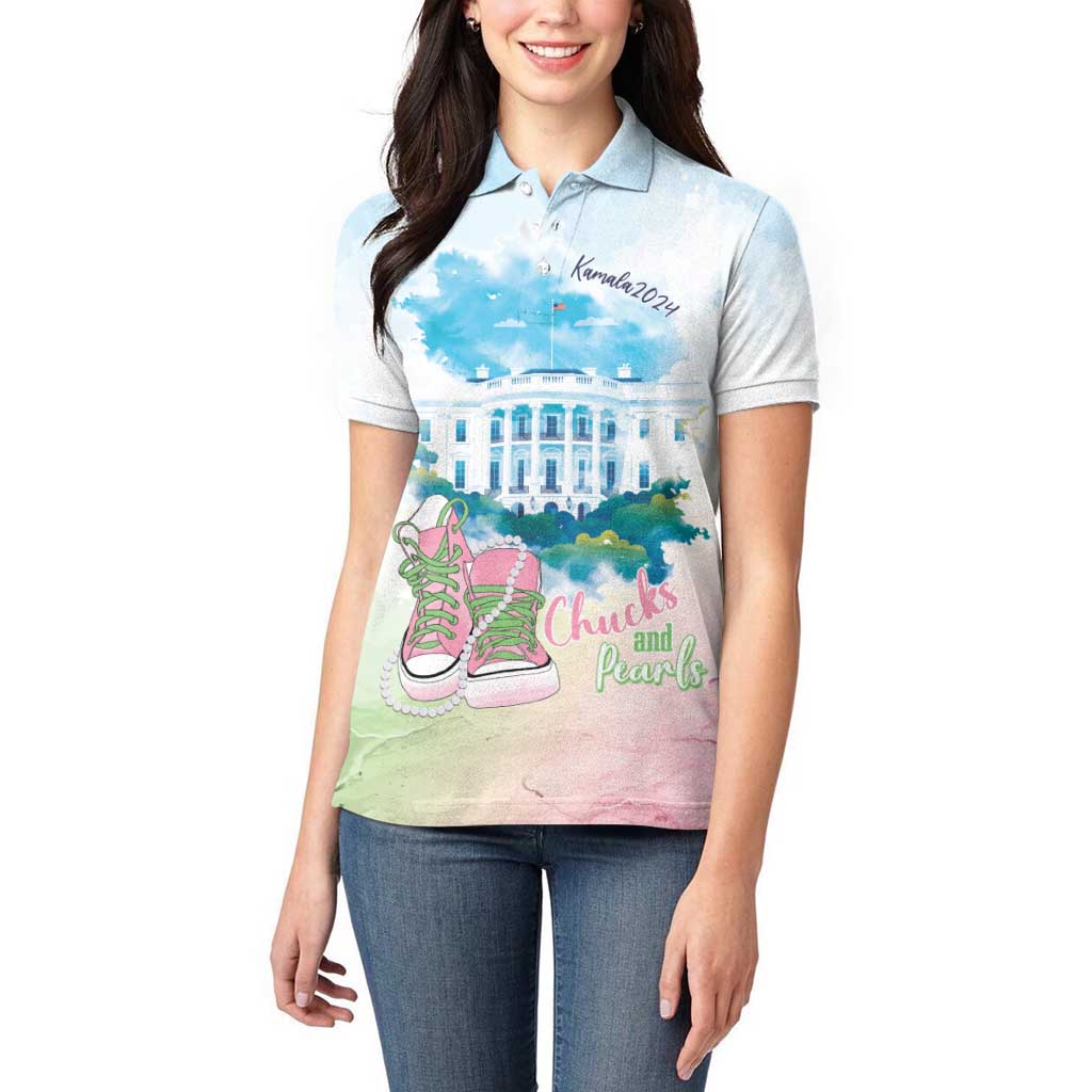 Chucks N Pearls 2024 Women Polo Shirt Pink Green Rocking The World - Wonder Print Shop