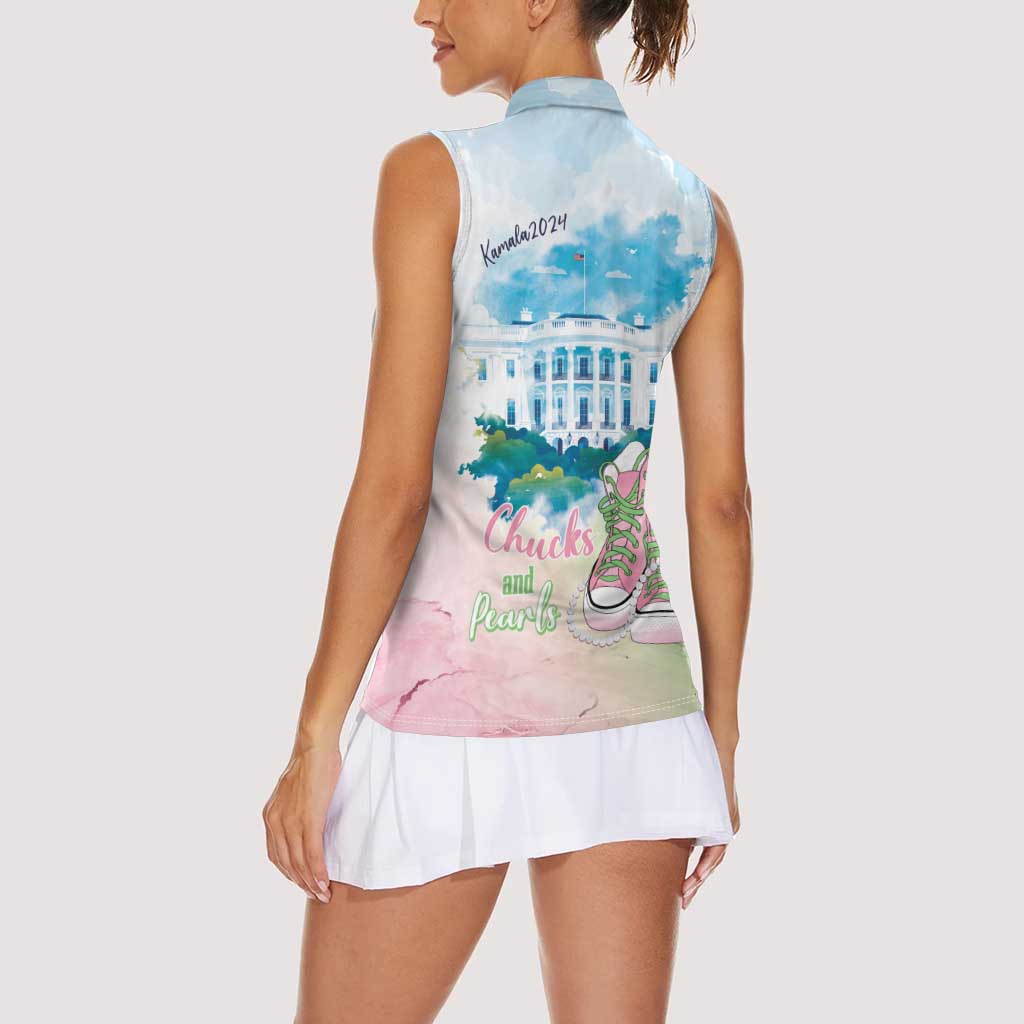 Chucks N Pearls 2024 Women Sleeveless Polo Shirt Pink Green Rocking The World - Wonder Print Shop