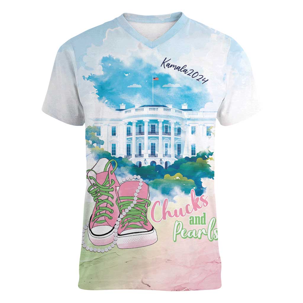 Chucks N Pearls 2024 Women V-Neck T-Shirt Pink Green Rocking The World - Wonder Print Shop