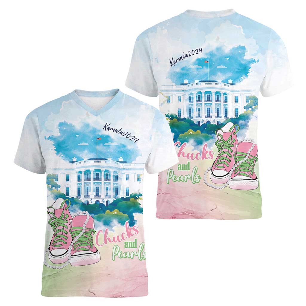 Chucks N Pearls 2024 Women V-Neck T-Shirt Pink Green Rocking The World - Wonder Print Shop
