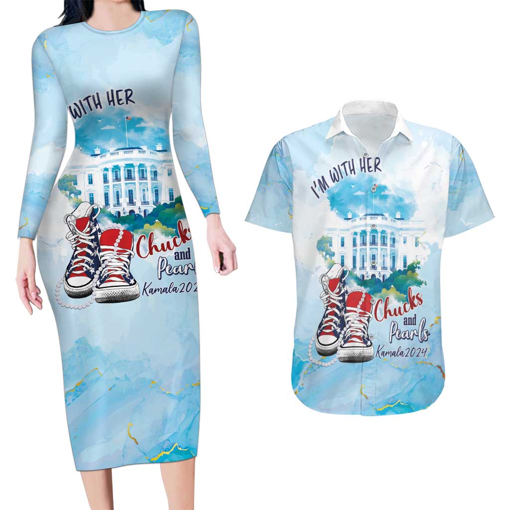 Chucks N Pearls 2024 Couples Matching Long Sleeve Bodycon Dress and Hawaiian Shirt I'm With Her LT7 - Wonder Print Shop