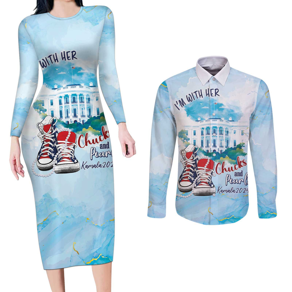 Chucks N Pearls 2024 Couples Matching Long Sleeve Bodycon Dress and Long Sleeve Button Shirt I'm With Her LT7 - Wonder Print Shop