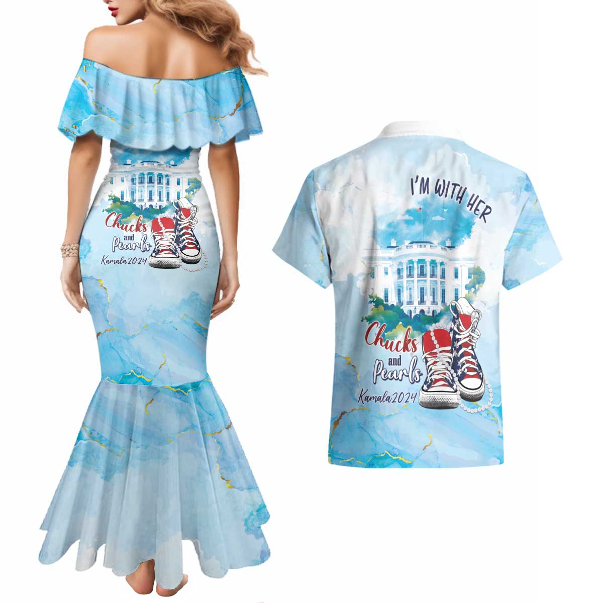 Chucks N Pearls 2024 Couples Matching Mermaid Dress and Hawaiian Shirt I'm With Her LT7 - Wonder Print Shop