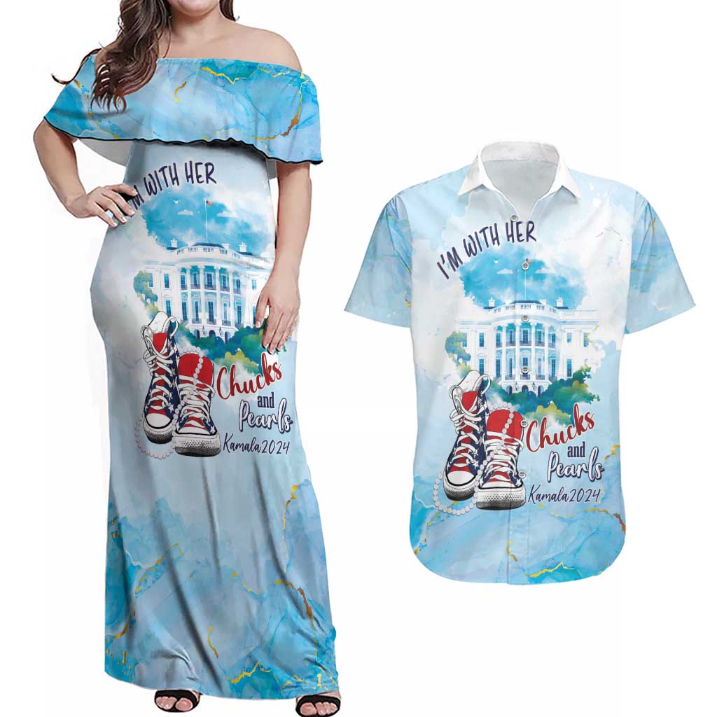 Chucks N Pearls 2024 Couples Matching Off Shoulder Maxi Dress and Hawaiian Shirt I'm With Her LT7 - Wonder Print Shop