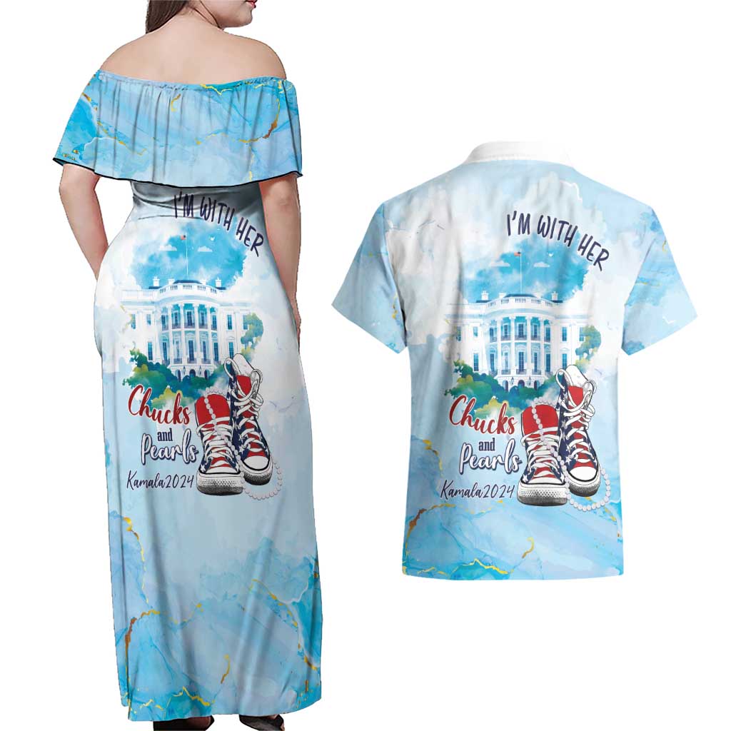 Chucks N Pearls 2024 Couples Matching Off Shoulder Maxi Dress and Hawaiian Shirt I'm With Her LT7 - Wonder Print Shop