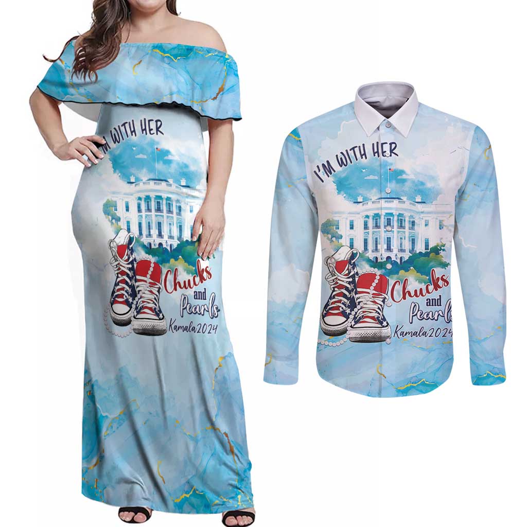 Chucks N Pearls 2024 Couples Matching Off Shoulder Maxi Dress and Long Sleeve Button Shirt I'm With Her LT7 - Wonder Print Shop