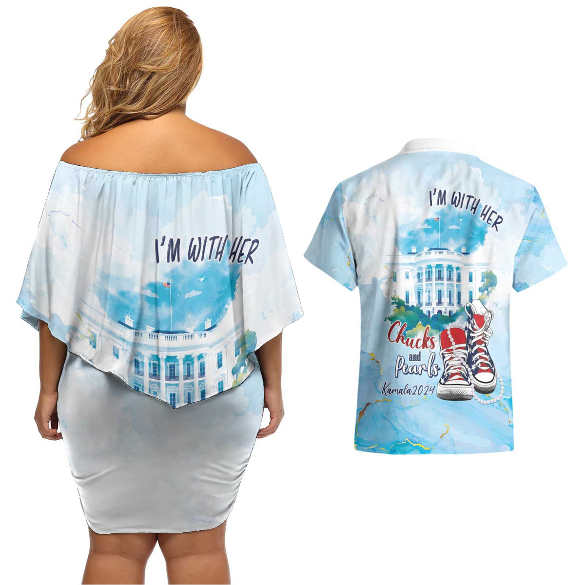 Chucks N Pearls 2024 Couples Matching Off Shoulder Short Dress and Hawaiian Shirt I'm With Her LT7 - Wonder Print Shop