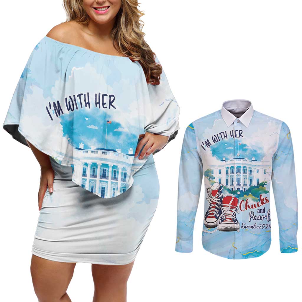 Chucks N Pearls 2024 Couples Matching Off Shoulder Short Dress and Long Sleeve Button Shirt I'm With Her LT7 - Wonder Print Shop
