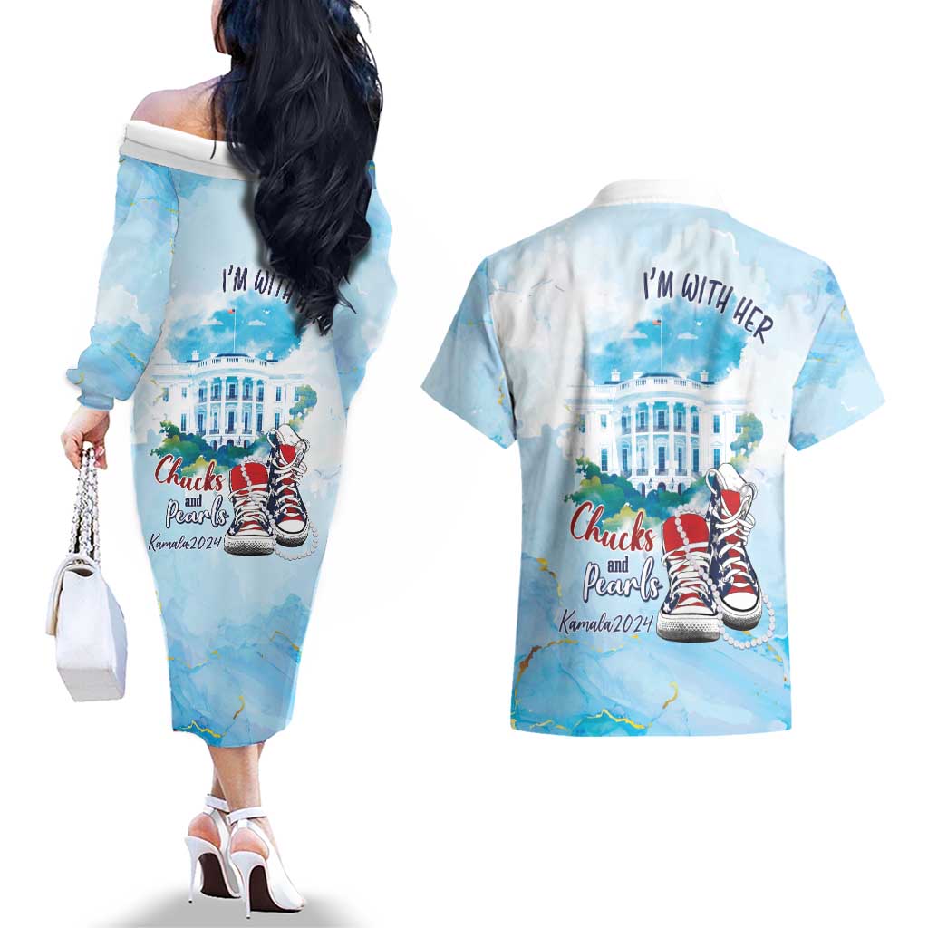 Chucks N Pearls 2024 Couples Matching Off The Shoulder Long Sleeve Dress and Hawaiian Shirt I'm With Her LT7 - Wonder Print Shop