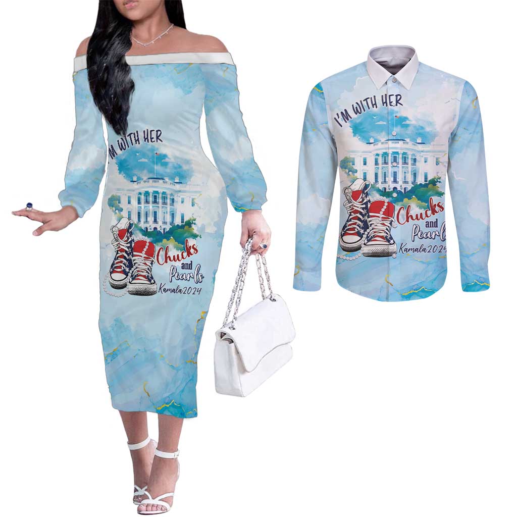 Chucks N Pearls 2024 Couples Matching Off The Shoulder Long Sleeve Dress and Long Sleeve Button Shirt I'm With Her