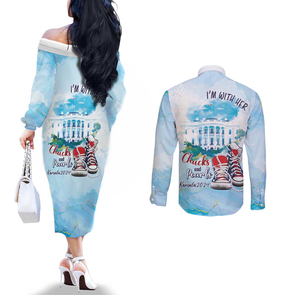 Chucks N Pearls 2024 Couples Matching Off The Shoulder Long Sleeve Dress and Long Sleeve Button Shirt I'm With Her