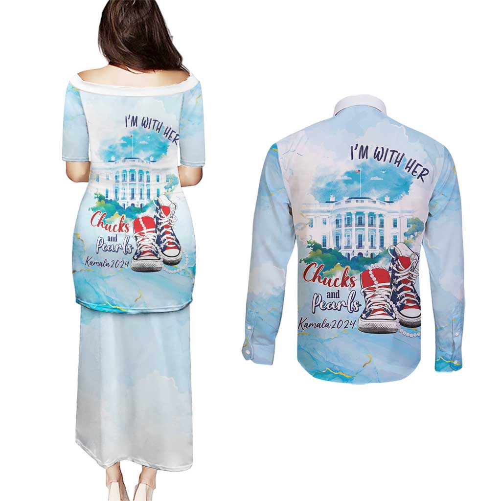 Chucks N Pearls 2024 Couples Matching Puletasi and Long Sleeve Button Shirt I'm With Her LT7 - Wonder Print Shop