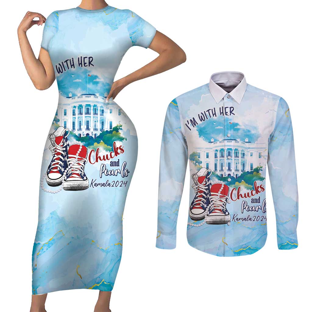 Chucks N Pearls 2024 Couples Matching Short Sleeve Bodycon Dress and Long Sleeve Button Shirt I'm With Her LT7 - Wonder Print Shop