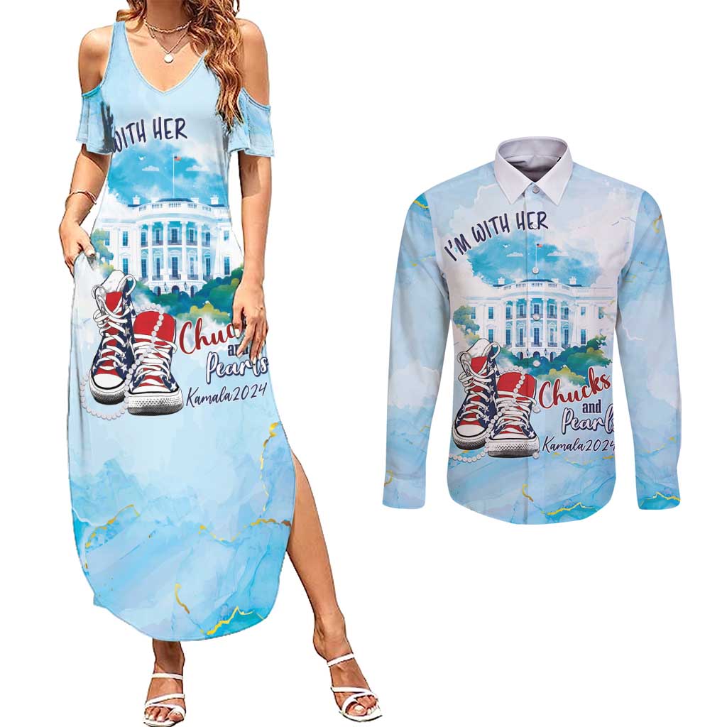 Chucks N Pearls 2024 Couples Matching Summer Maxi Dress and Long Sleeve Button Shirt I'm With Her LT7 - Wonder Print Shop