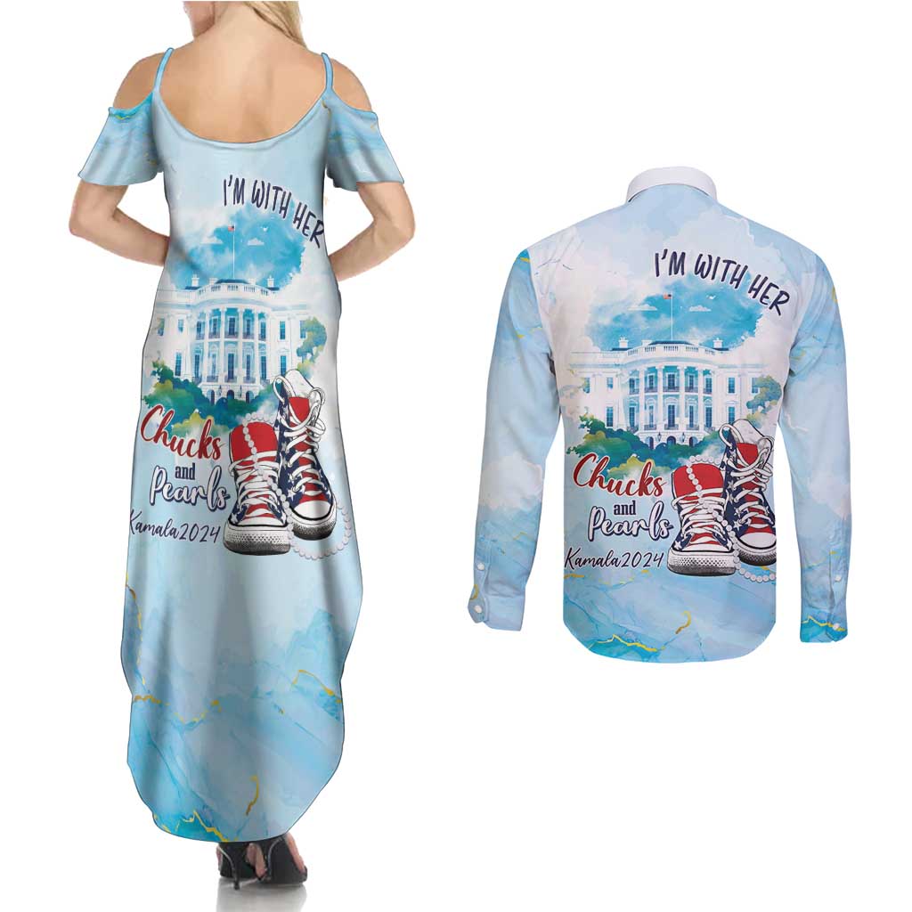 Chucks N Pearls 2024 Couples Matching Summer Maxi Dress and Long Sleeve Button Shirt I'm With Her LT7 - Wonder Print Shop