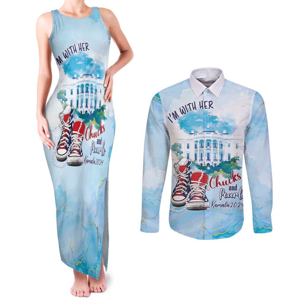 Chucks N Pearls 2024 Couples Matching Tank Maxi Dress and Long Sleeve Button Shirt I'm With Her LT7 - Wonder Print Shop