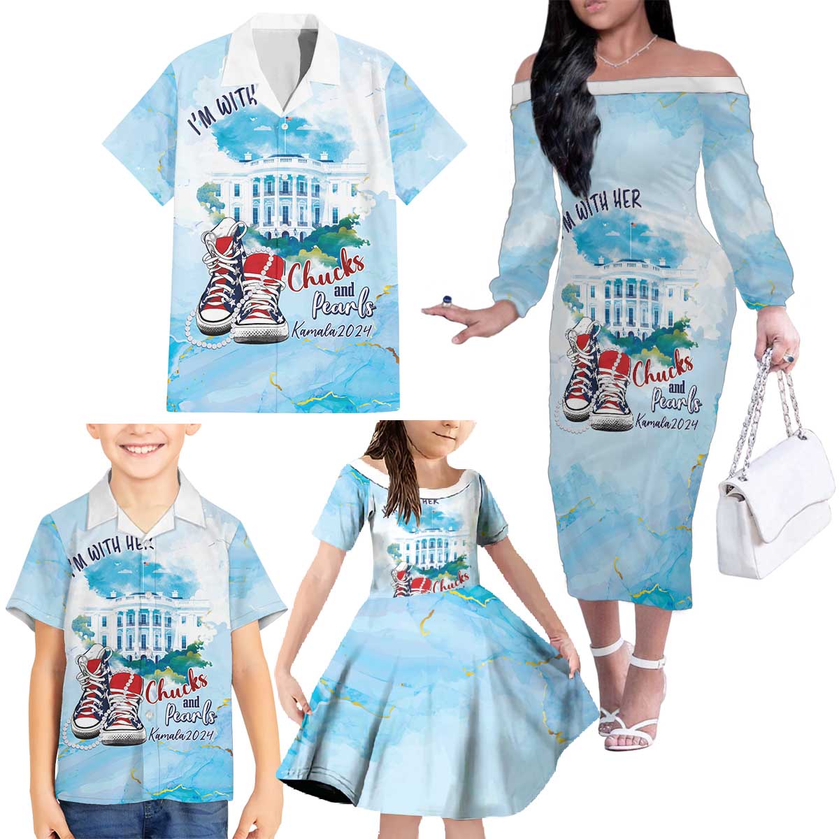 Chucks N Pearls 2024 Family Matching Off The Shoulder Long Sleeve Dress and Hawaiian Shirt I'm With Her - Wonder Print Shop