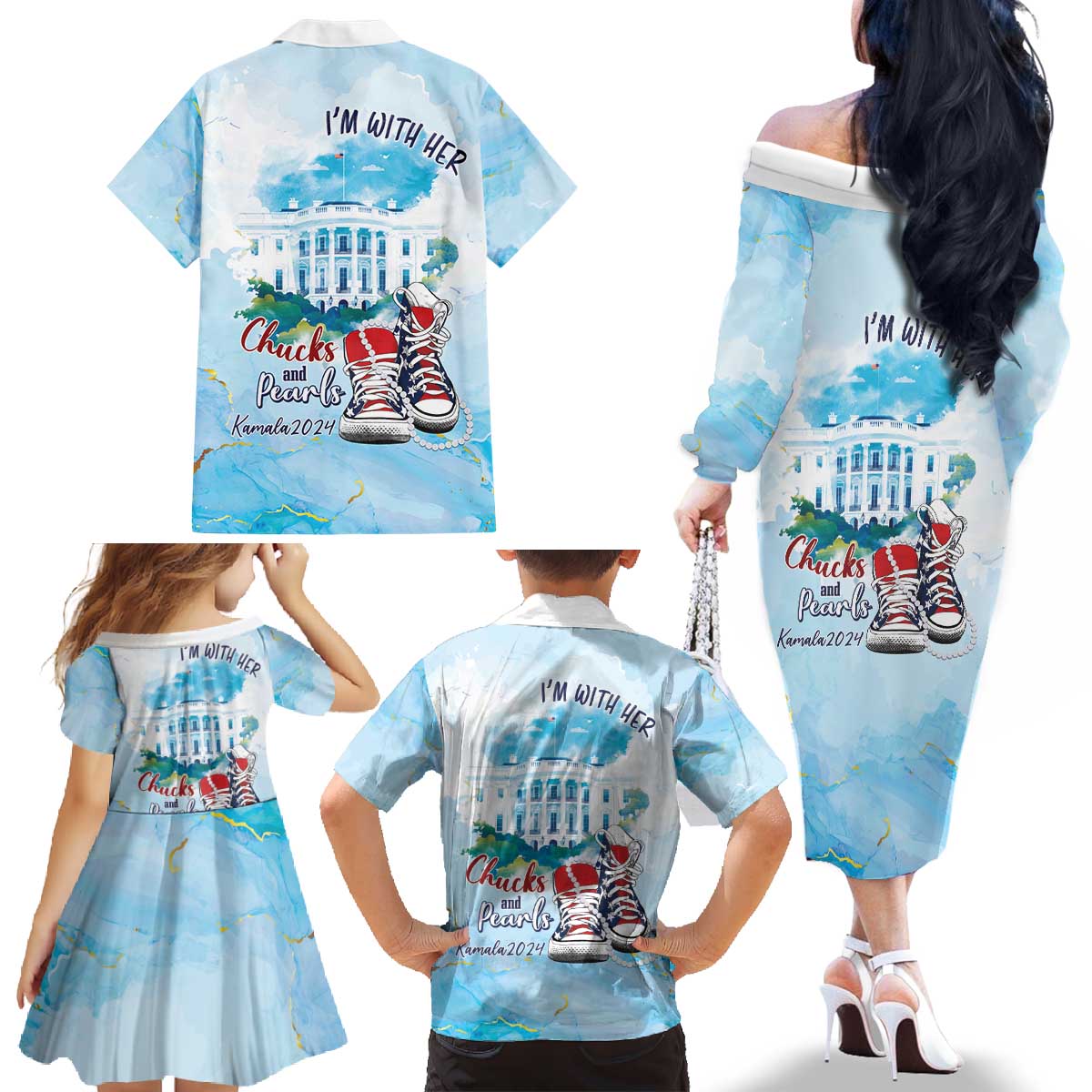 Chucks N Pearls 2024 Family Matching Off The Shoulder Long Sleeve Dress and Hawaiian Shirt I'm With Her - Wonder Print Shop