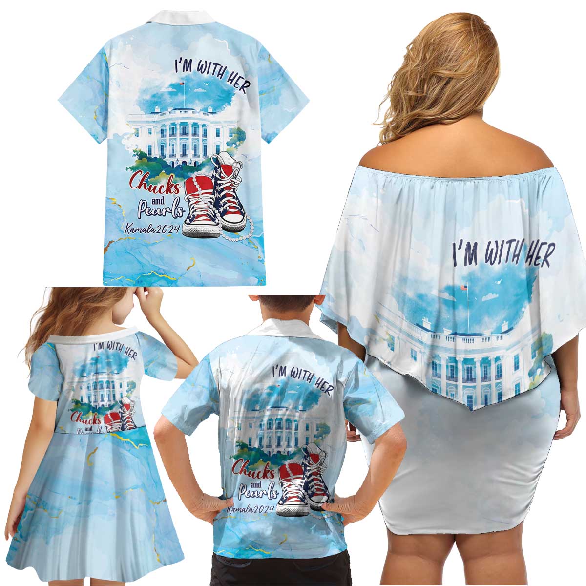 Chucks N Pearls 2024 Family Matching Off Shoulder Short Dress and Hawaiian Shirt I'm With Her LT7 - Wonder Print Shop