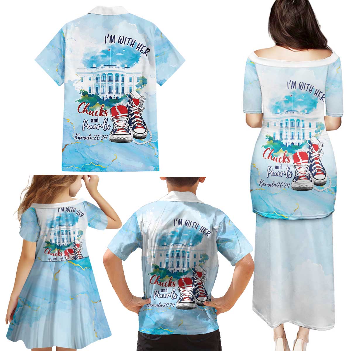 Chucks N Pearls 2024 Family Matching Puletasi and Hawaiian Shirt I'm With Her - Wonder Print Shop