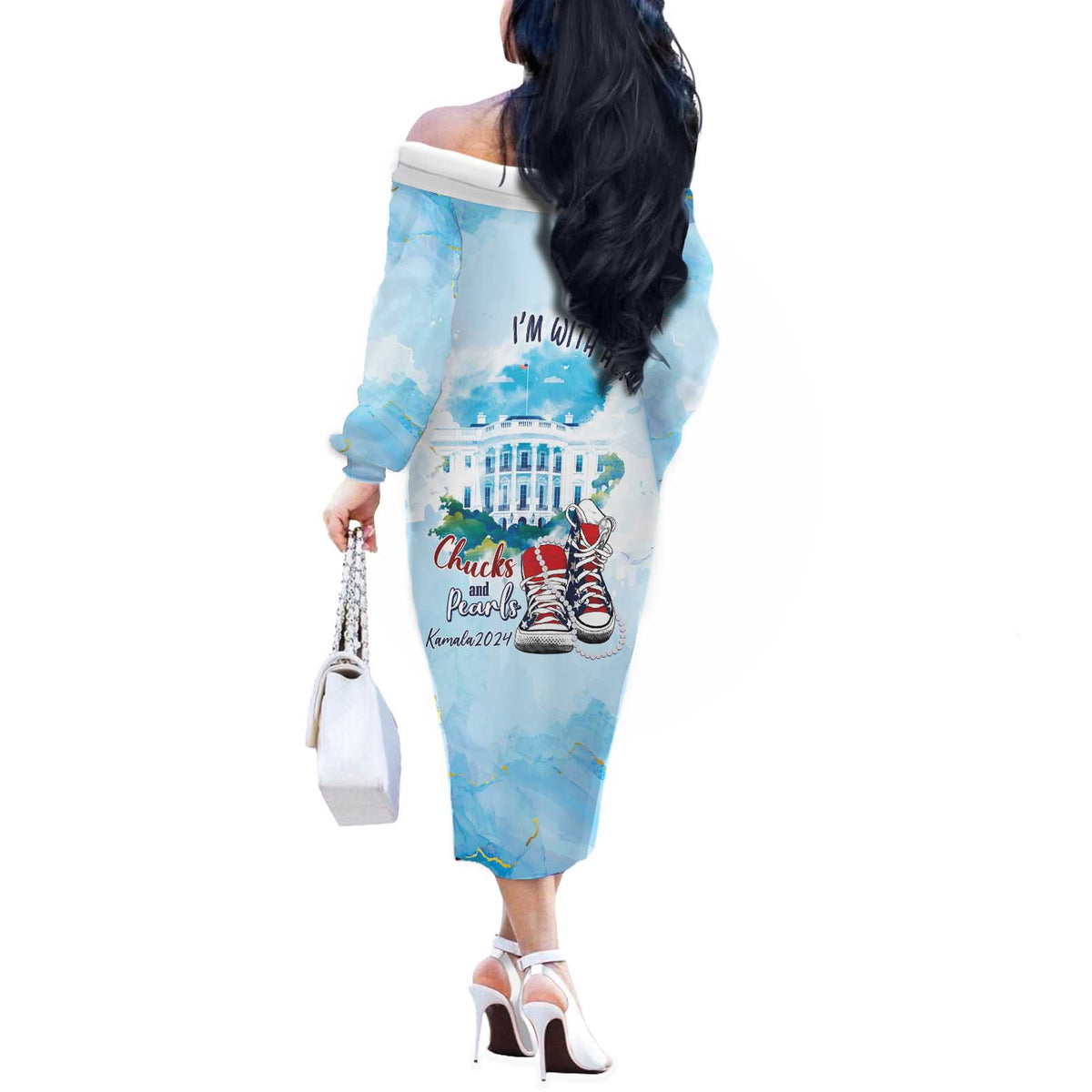 Chucks N Pearls 2024 Off The Shoulder Long Sleeve Dress I'm With Her - Wonder Print Shop