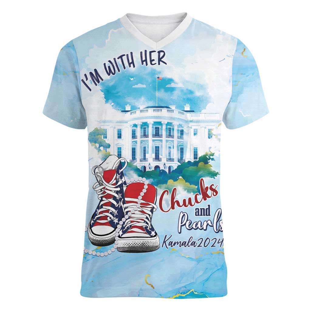 Chucks N Pearls 2024 Women V-Neck T-Shirt I'm With Her - Wonder Print Shop