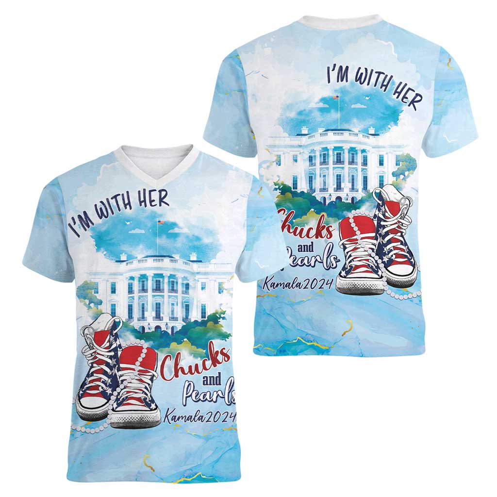 Chucks N Pearls 2024 Women V-Neck T-Shirt I'm With Her - Wonder Print Shop