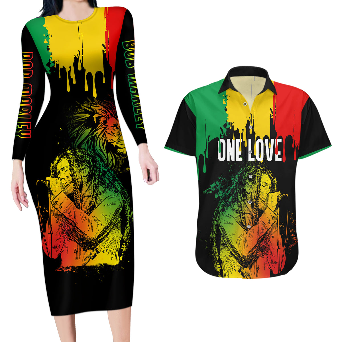 Jamaica Reggae Couples Matching Long Sleeve Bodycon Dress and Hawaiian Shirt Legend Bob Sketch Style One Love LT7 - Wonder Print Shop
