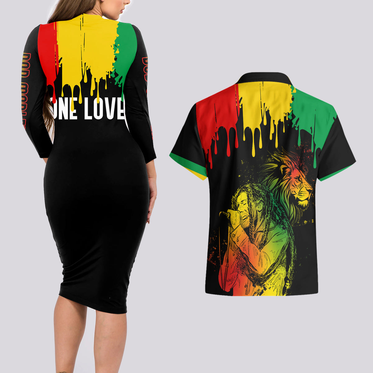 Jamaica Reggae Couples Matching Long Sleeve Bodycon Dress and Hawaiian Shirt Legend Bob Sketch Style One Love LT7 - Wonder Print Shop