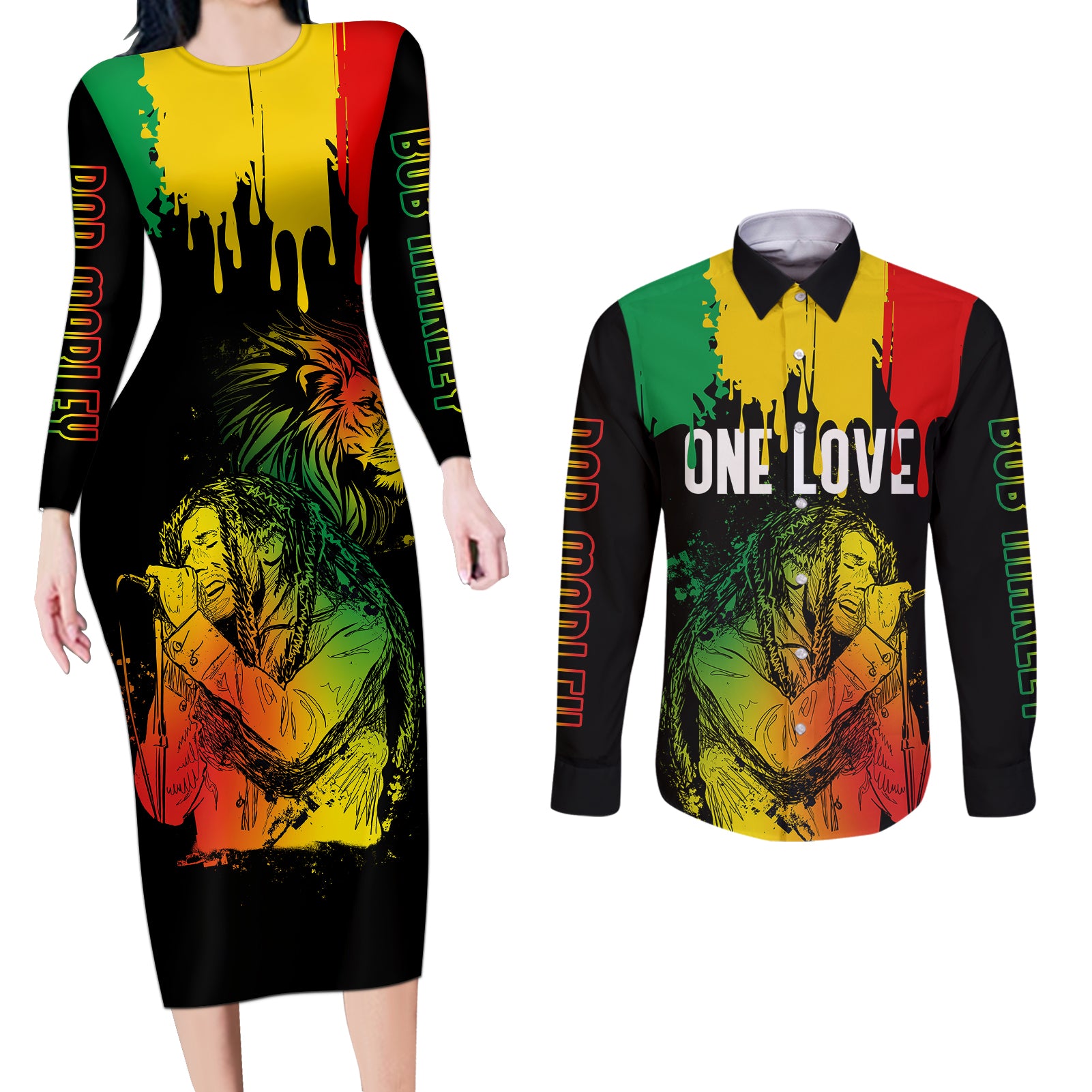 jamaica-reggae-couples-matching-long-sleeve-bodycon-dress-and-long-sleeve-button-shirts-bob-marley-sketch-style-one-love
