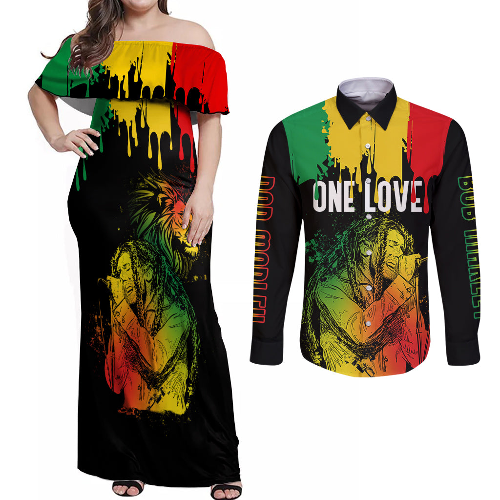 jamaica-reggae-couples-matching-off-shoulder-maxi-dress-and-long-sleeve-button-shirts-bob-marley-sketch-style-one-love