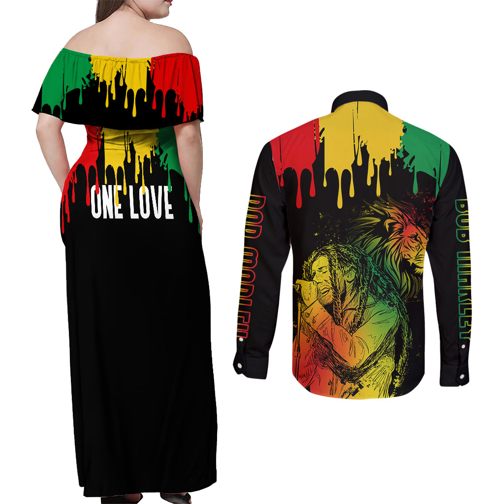 Jamaica Reggae Couples Matching Off Shoulder Maxi Dress and Long Sleeve Button Shirts Legend Bob Sketch Style One Love LT7 - Wonder Print Shop