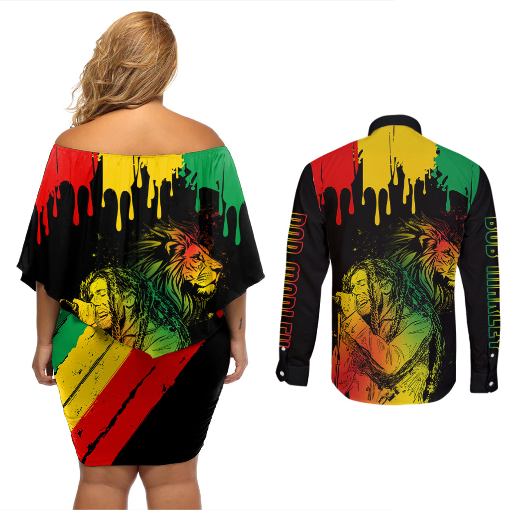 Jamaica Reggae Couples Matching Off Shoulder Short Dress and Long Sleeve Button Shirts Legend Bob Sketch Style One Love LT7 - Wonder Print Shop