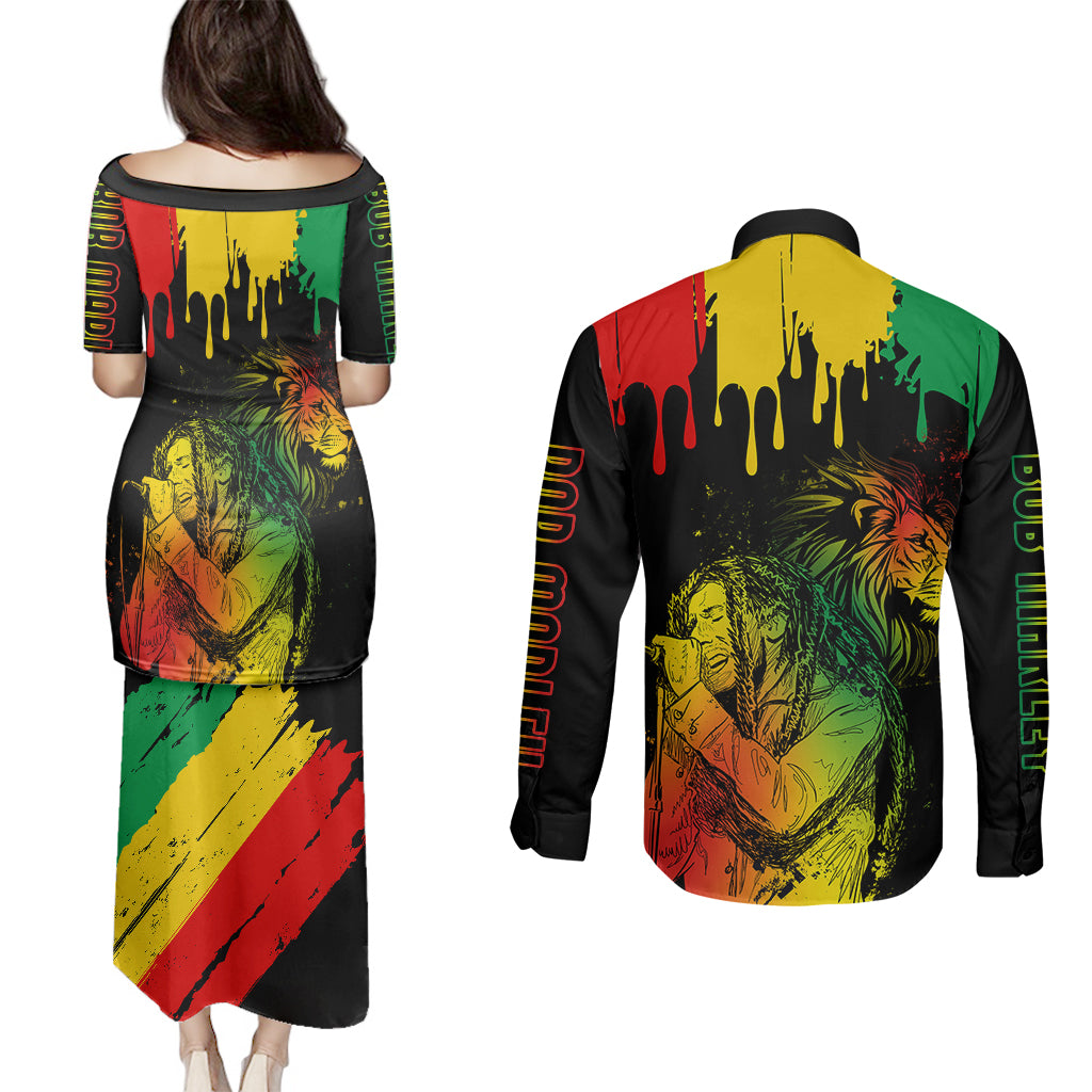 Jamaica Reggae Couples Matching Puletasi Dress and Long Sleeve Button Shirts Legend Bob Sketch Style One Love LT7 - Wonder Print Shop
