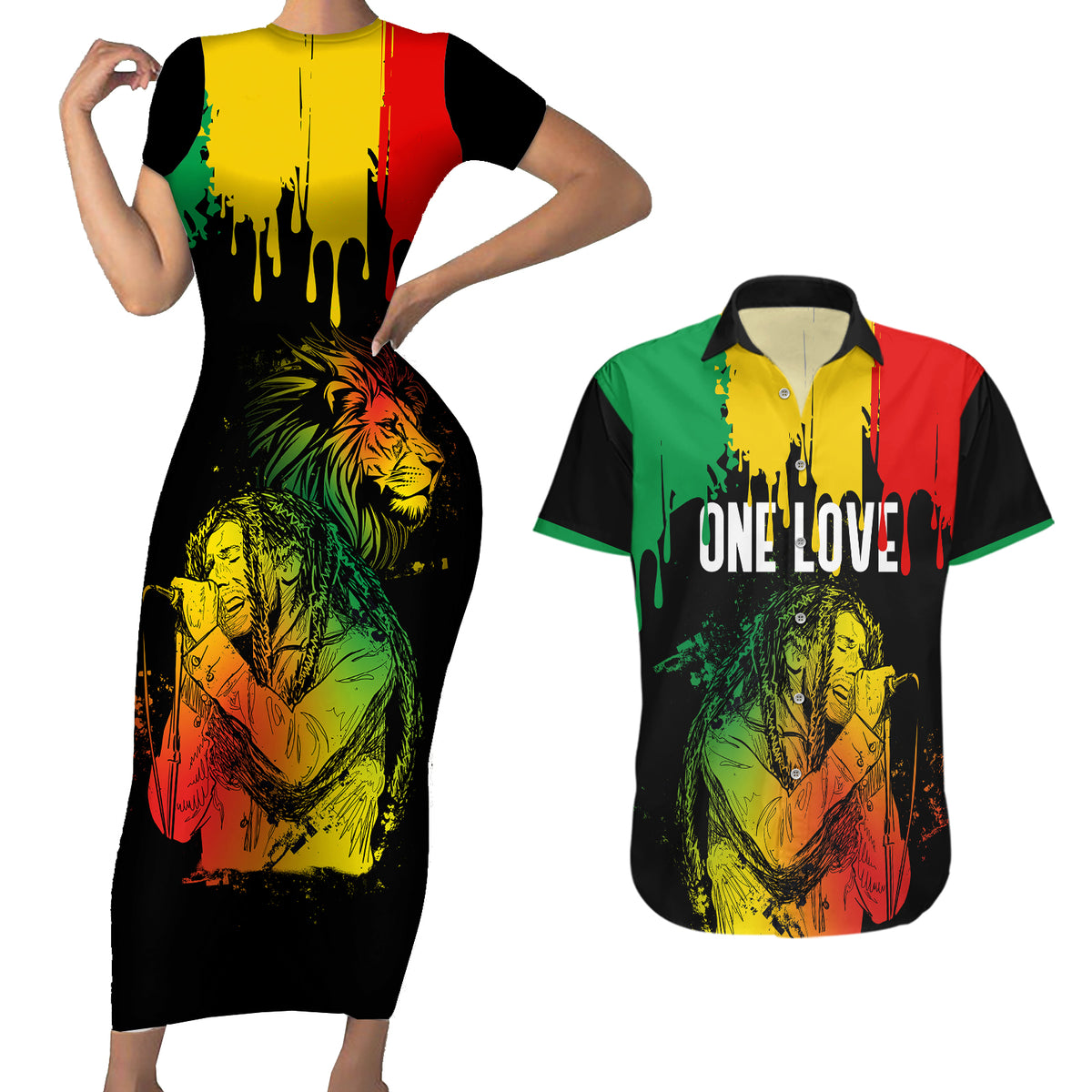 Jamaica Reggae Couples Matching Short Sleeve Bodycon Dress and Hawaiian Shirt Legend Bob Sketch Style One Love LT7 - Wonder Print Shop