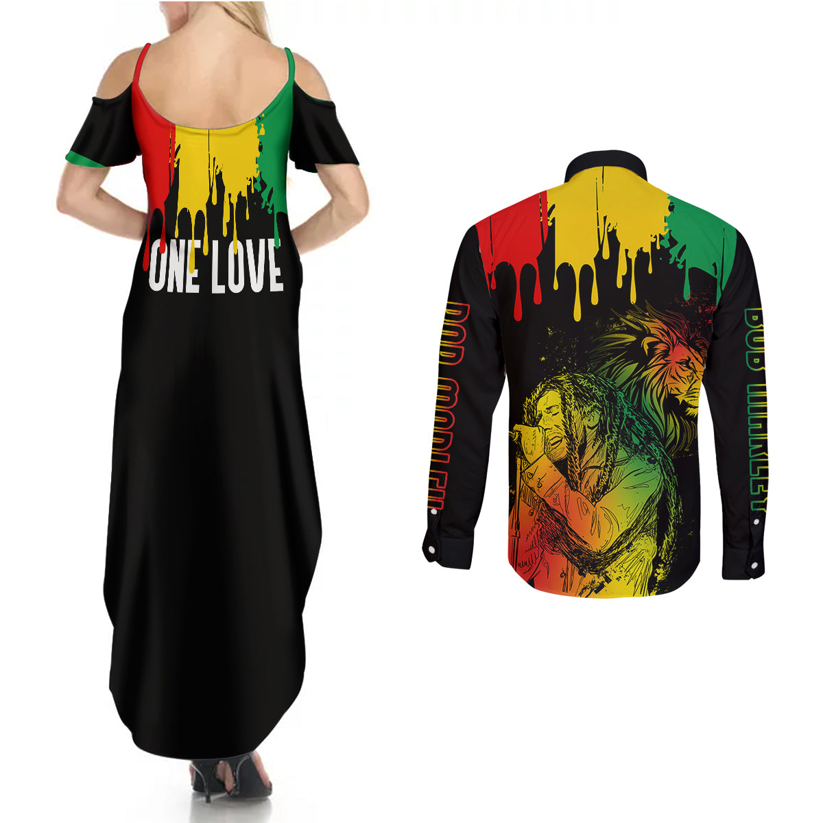 Jamaica Reggae Couples Matching Summer Maxi Dress and Long Sleeve Button Shirts Legend Bob Sketch Style One Love LT7 - Wonder Print Shop